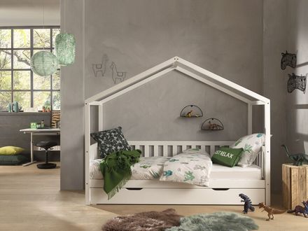 Detská domčeková posteľ Dallas so zásuvkou z masívu borovica biela 170cm 90x200cm